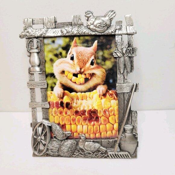 Vtg Pewter Free Standing Country Farm Theme Chicken Lantern Picture Photo Frame - Picture 1 of 5